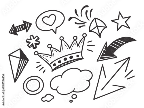 Doodle set with crown, arrows, and geometric shapes Keywords: doodle, hand drawn, sketch, arrow