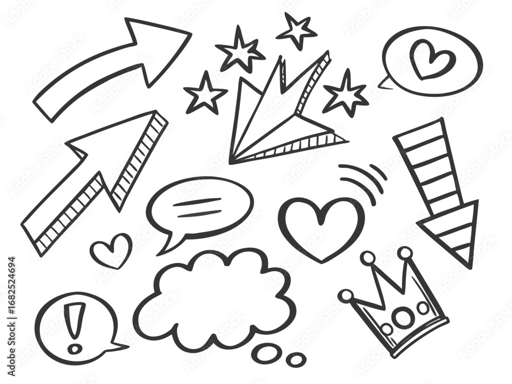 Fototapeta premium Doodle elements including paper airplane and exclamation mark
