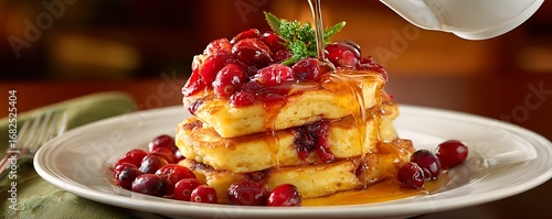 Pancake stack covered with cranberries and maple syrup on a white plate