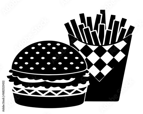 Black and white illustration of a hamburger and french fries, silhouette vector illustration