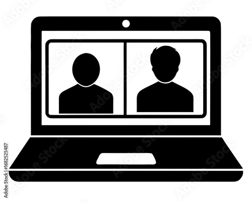 Laptop screen displaying a video conference with two people, silhouette vector illustration