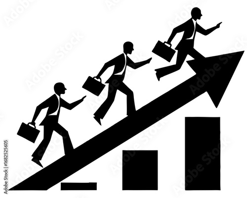 Businessmen climbing an upward trending graph, symbolizing growth and success silhouette vector illustration