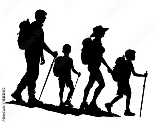 Family hiking together with backpacks and walking sticks, enjoying outdoor activity, silhouette vector illustration