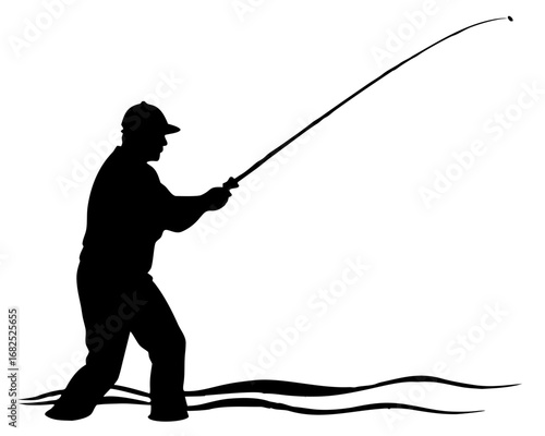 Silhouette of a man fishing with a rod and reel vector illustration