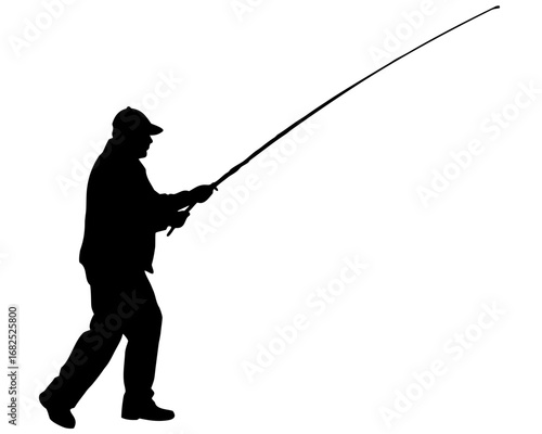 Silhouette of a man fishing with a rod, vector illustration