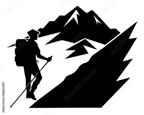 Silhouette of a hiker with a backpack and poles climbing a mountain, vector illustration