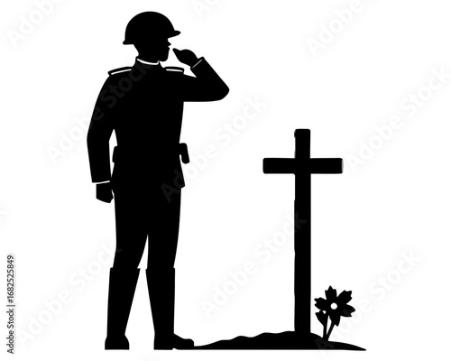 Soldier saluting a cross silhouette vector illustration