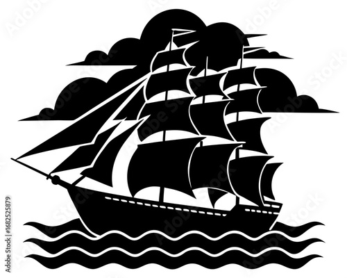Black silhouette of a tall ship sailing on wavy water under a cloudy sky vector illustration