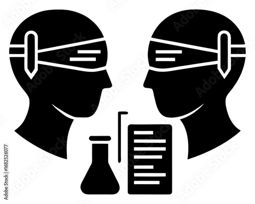 Two heads with blindfolds and scientific equipment silhouette vector illustration