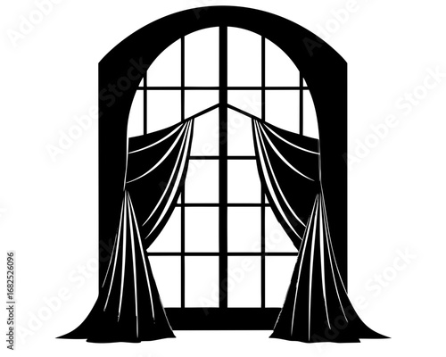 Silhouette of an arched window with draped curtains, creating a dramatic and elegant visual silhouette vector illustration