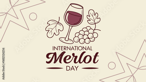 International Merlot Day Vector Illustration, Stylized Wine Glass with Grapes and Vine Leaves, Elegant Modern Design
