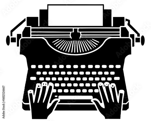 A vintage typewriter with hands typing on the keyboard, silhouette vector illustration