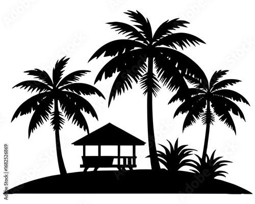 Silhouette of a tropical island with palm trees and a hut,  vector illustration