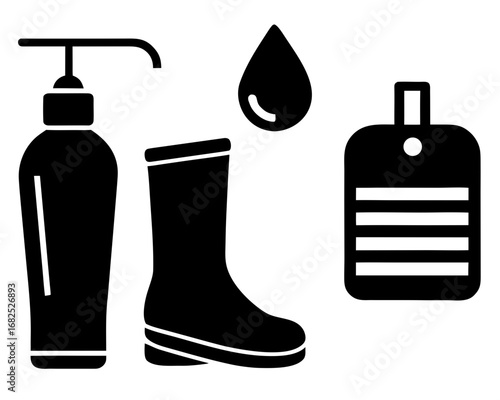 Set of hygiene and protection items soap dispenser, boot, and tag, silhouette vector illustration