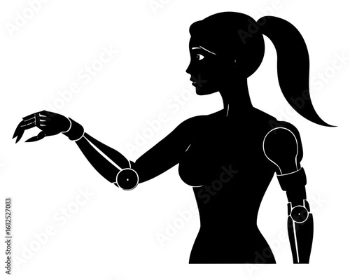 Silhouette of a female cyborg with a robotic arm, vector illustration