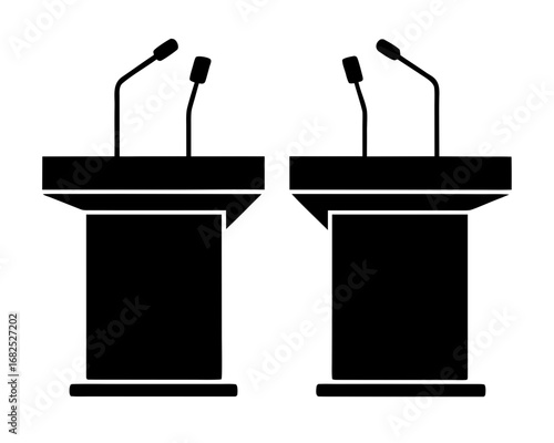 Two black podiums with microphones for debate or presentation, silhouette vector illustration