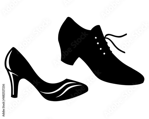 A black silhouette of a womans high heel shoe and a mans dress shoe, vector illustration