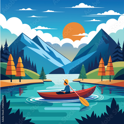 Kayaking on the Lake Illustration, Scenic Outdoor Adventure with Calm Water and Nature Background