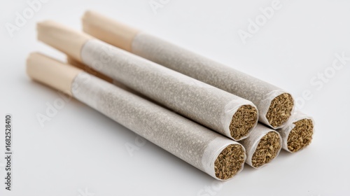 Close-up of four marijuana cigarettes stacked in a fan shape, clear wrapping paper texture and rolled finish, isolated on clean white background with space for branding or caution text