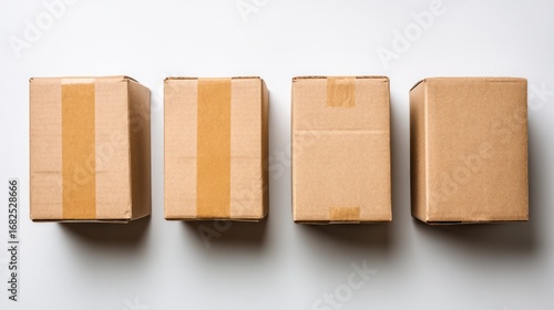Flat lay of four closed cardboard cartons, taped and labeled, ready for transport, isolated on white background with open copy space for text overlay or ad design