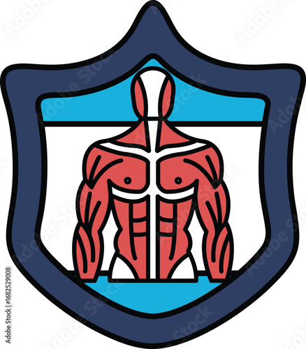 A black and white drawing of a man's body with the word "muscle" on the chest