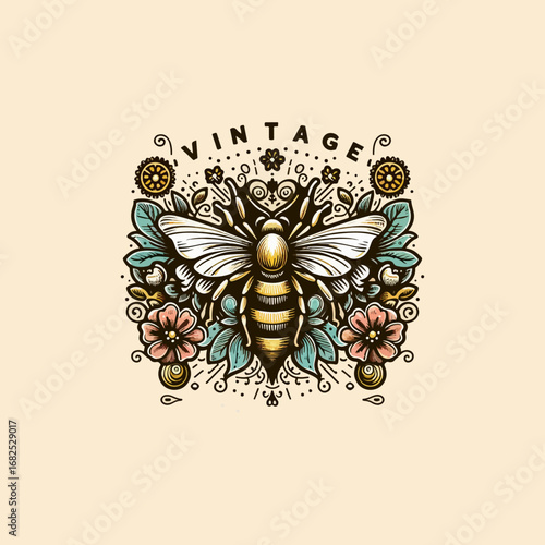 Vintage bee illustration with floral elements, detailed and colorful design.