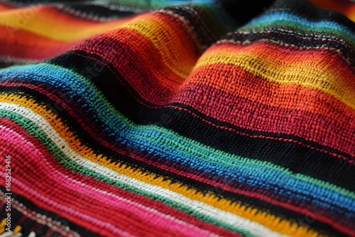 A vibrant Mexican hand-woven poncho with colorful stripes, captured against a neutral background to highlight its cultural essence. 