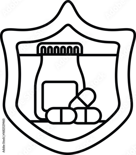 A shield with a pill bottle and pills on it