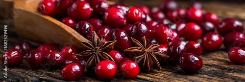Cranberries and star anise on wooden surface, close-up, seasonal