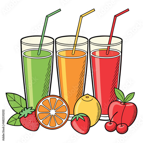 Three glasses showcase refreshing fruit juice flavors alongside strawberries, oranges, lemon and apples with cherries