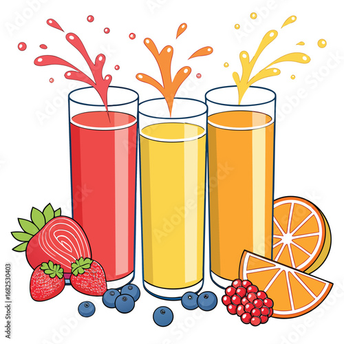Three glasses of colorful juice stand beside fresh fruits, creating a vibrant display with splashes