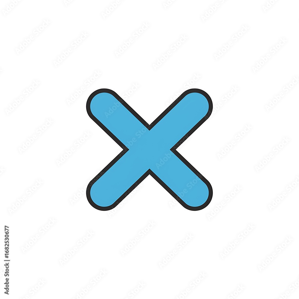 Fototapeta premium A simple, stylized blue letter X with rounded corners and a black outline on a white background.