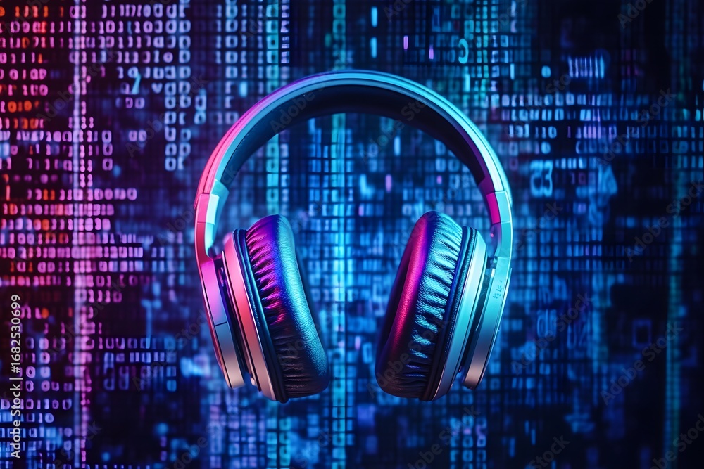 A set of headphones, with the earcups subtly glowing in neon hues, surrounded by floating words and phrases, representing podcasting and the power of storytelling. 