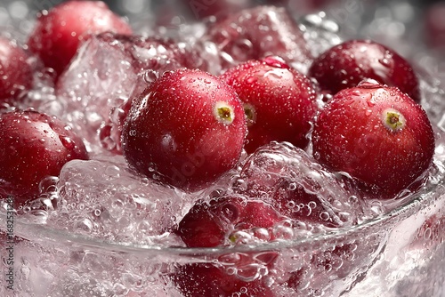 Juicy red cranberries nestled in ice, creating a refreshing, vibrant scene