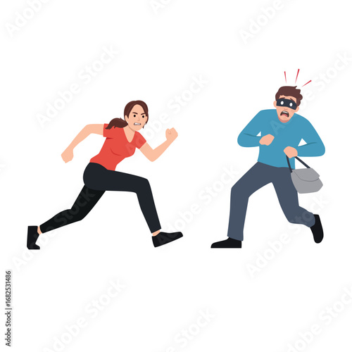 Brave woman chasing a masked thief who stole her bag, symbolizing crime. Flat vector illustration isolated on white background