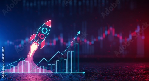 Creative concept of financial success and investment boost, with a neon rocket launching on a bullish stock market chart background