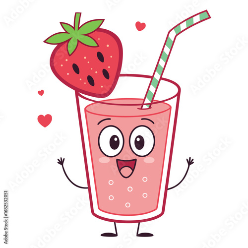 Smiling strawberry drink with cute facial features stands happily with a sliced strawberry fruit