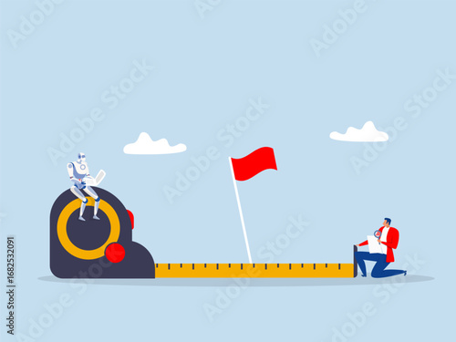 businessman using measuring tape to measure and analyze distance from target flag.success measurement  how far from business goal and growth analysis