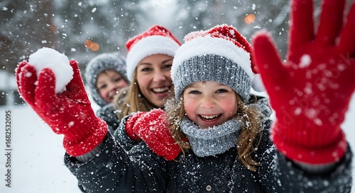 Joyful mother and children in santa hats playing with snowballs in winter