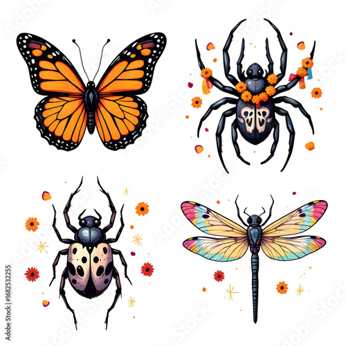Colorful Insect Clip Art with Floral Decorations and Skulls