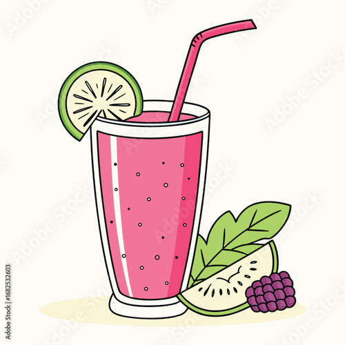 Cartoon illustration shows a glass of pink smoothie with sliced lime and raspberry