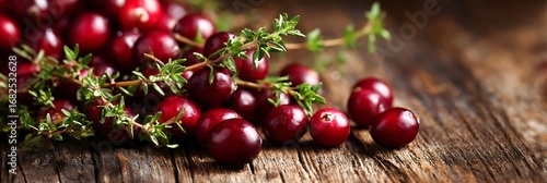 Fresh cranberries and thyme sprigs on rustic wood