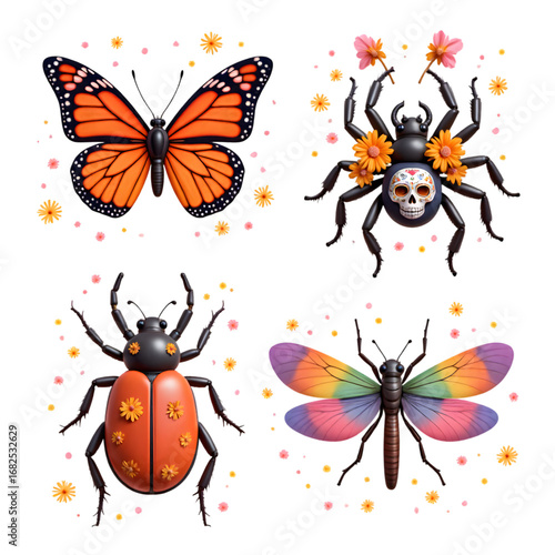 Día de los Muertos Insect Clip Art Set with Bold Outlines