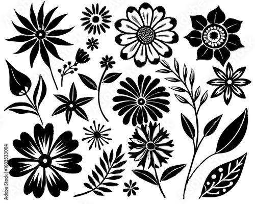 Assorted black floral motifs and foliage on white flower