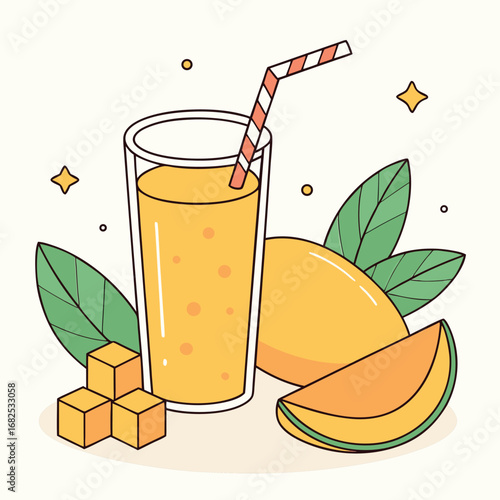 Fresh mango smoothie sits beside mango chunks and slice, radiating tropical coolness with transparent background