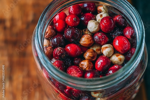 Glass jar filled with cranberries and hazelnuts