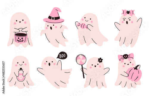 Collection of Cute Halloween Pink Ghost Characters