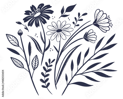 Dark Blue Floral Elements on White Background flowers