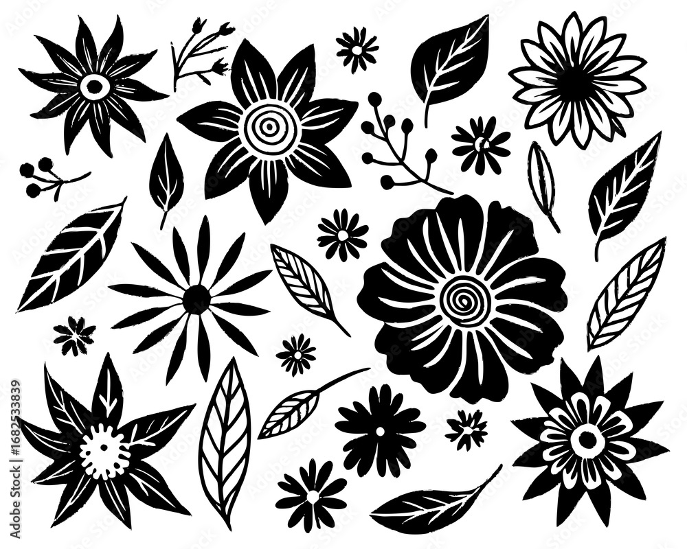 Fototapeta premium Assorted Black Flowers and Leaves on White Background