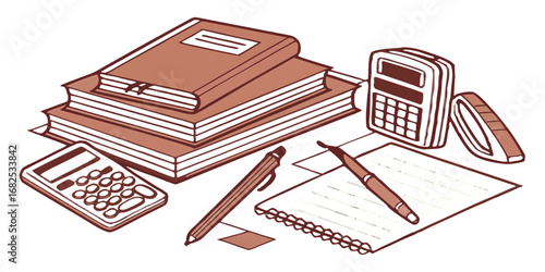 Illustration of a desk with stacked books calculators pens eraser and a notepad for studying and school created with generated ai